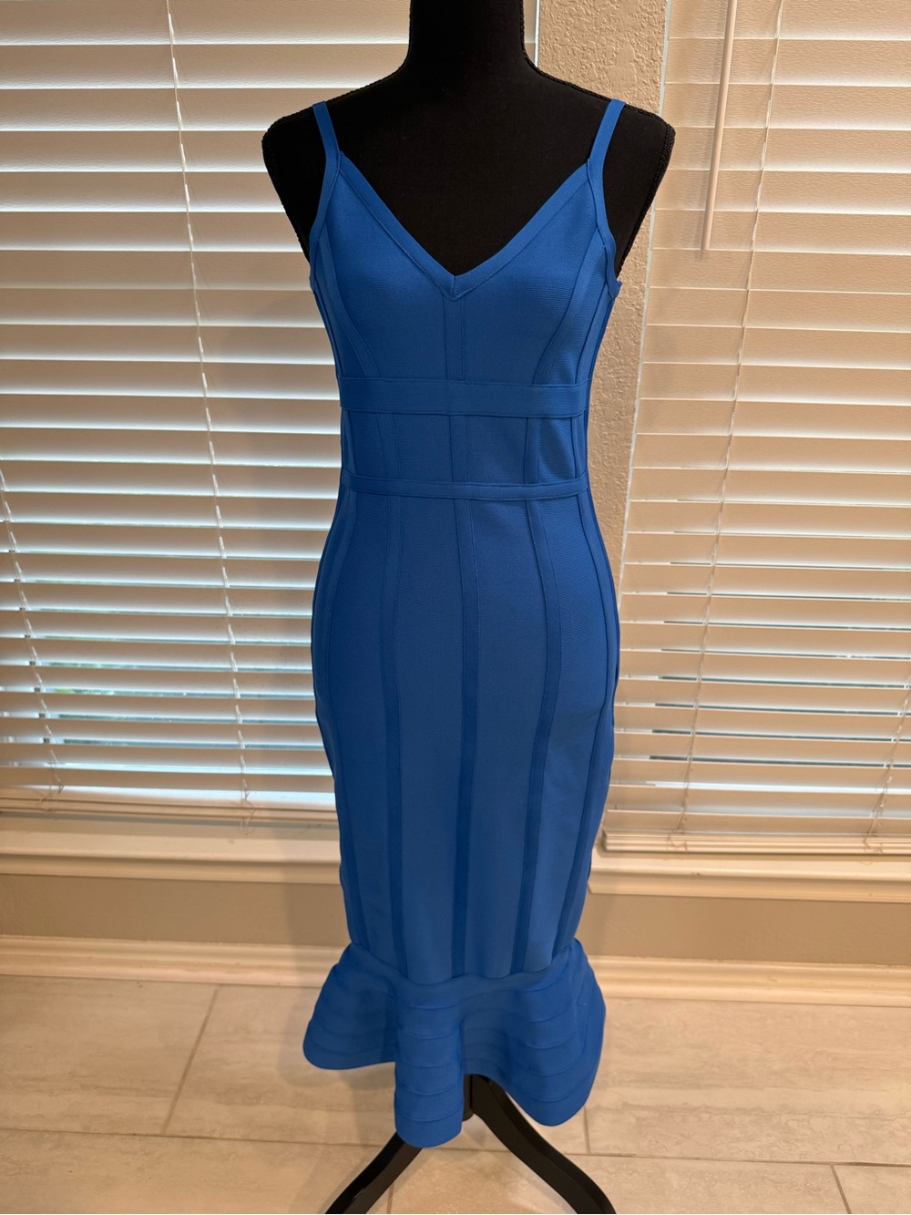 Source Unknown Royal Blue Bodycon Midi Dress with Flounce Hem